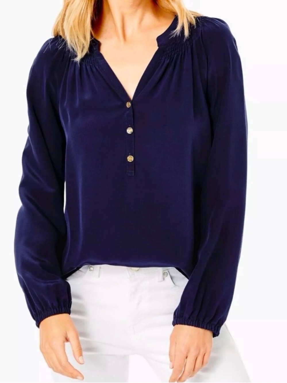Lilly Pulitzer Navy Smocked-Neck Button Pullover Blouse